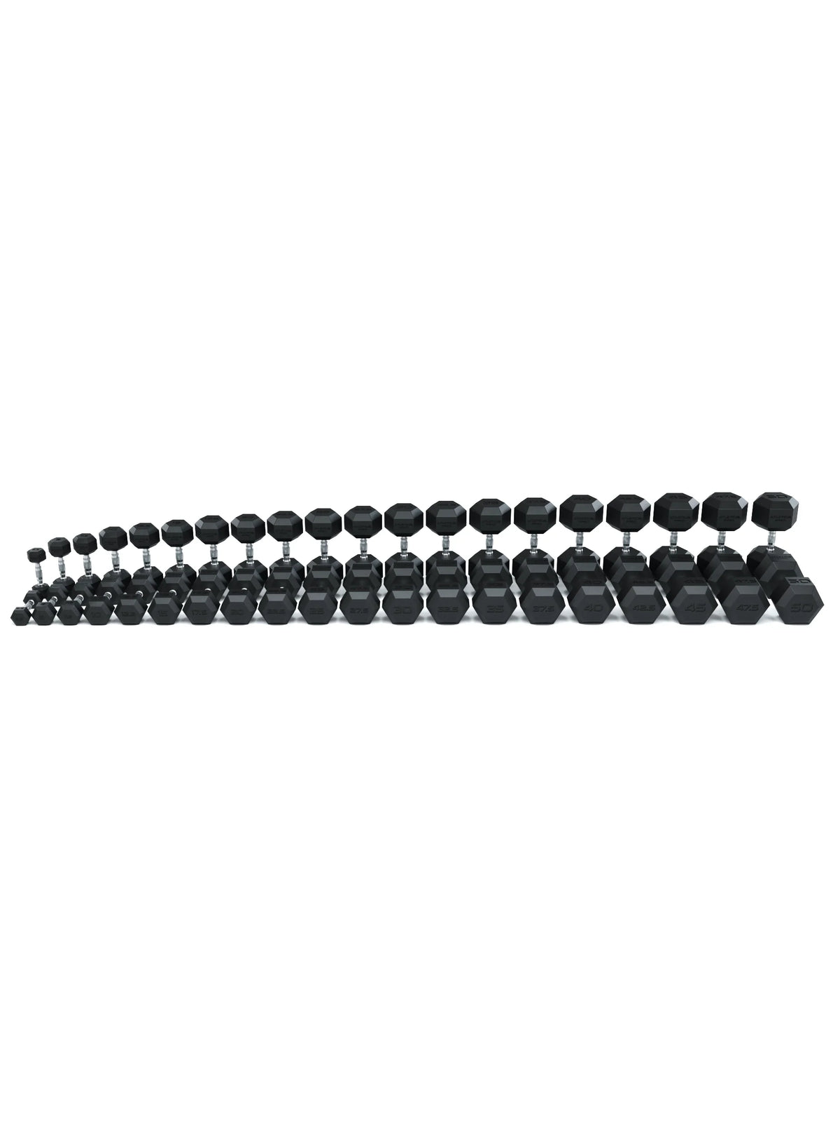Atletica Hexagon PRO dumbbell set 5, 20 pairs lined up in two long rows, front view