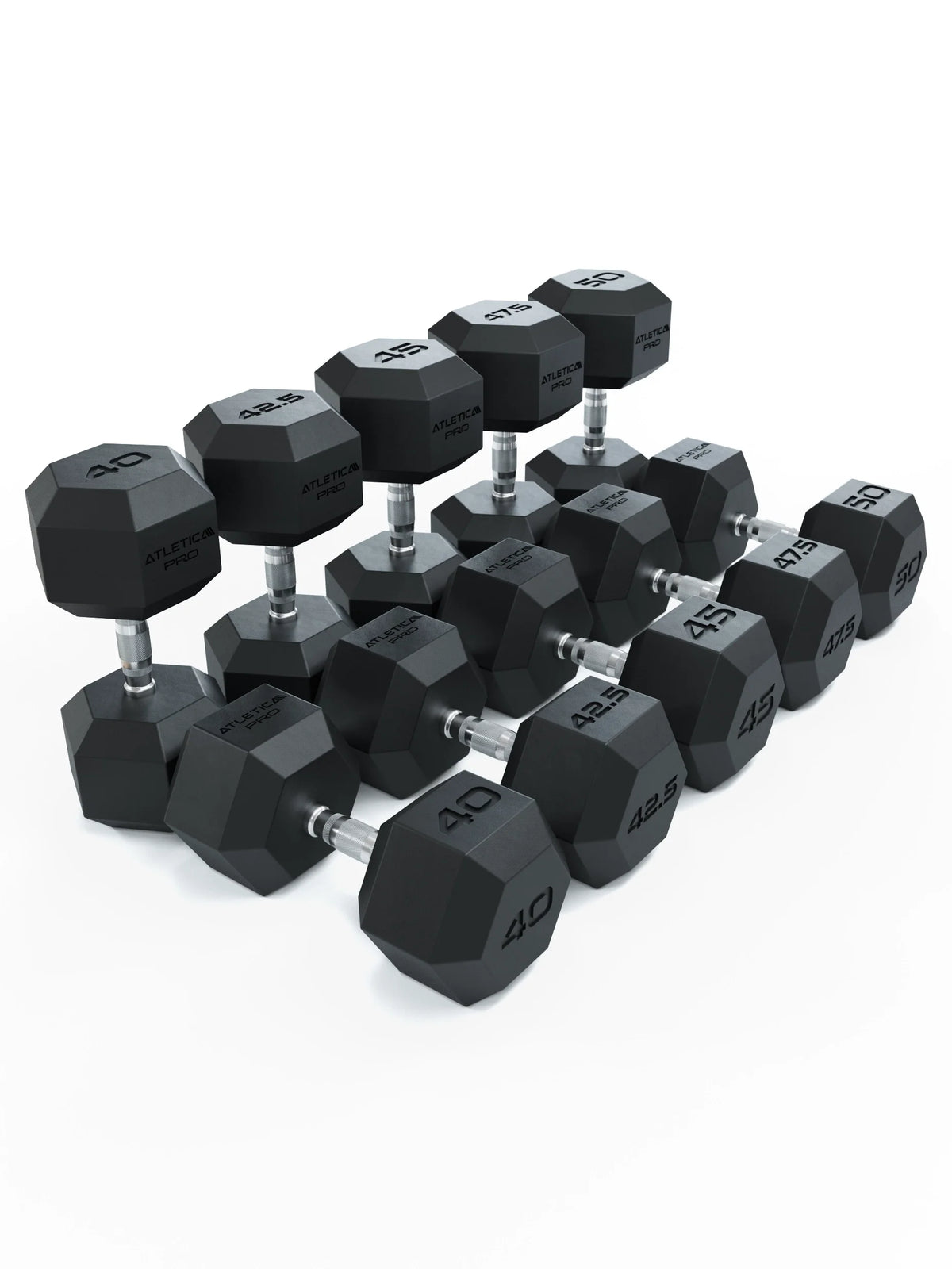 Atletica Hexagon PRO dumbbell set 2, 5 pairs of black hex dumbbells, angled view