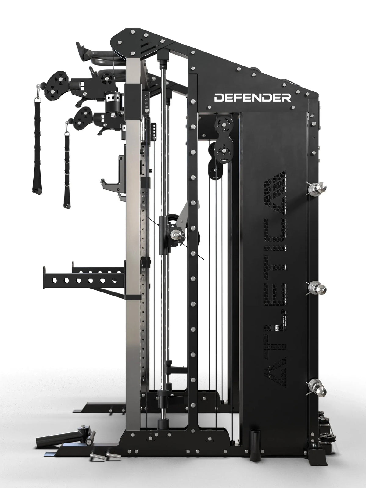Defender Smith Machine with black frame, cable pulley, handle accessories and weight plate holders