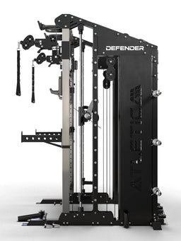 Defender Smith Machine with black frame, cable pulley, handle accessories and weight plate holders