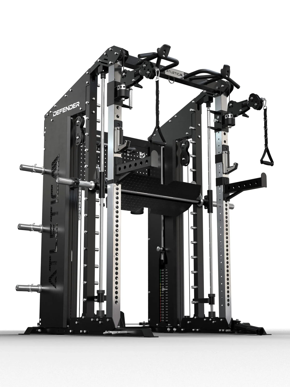 Defender Smith Machine with 360° cable pulley, pull-up bar and Plate Storage System