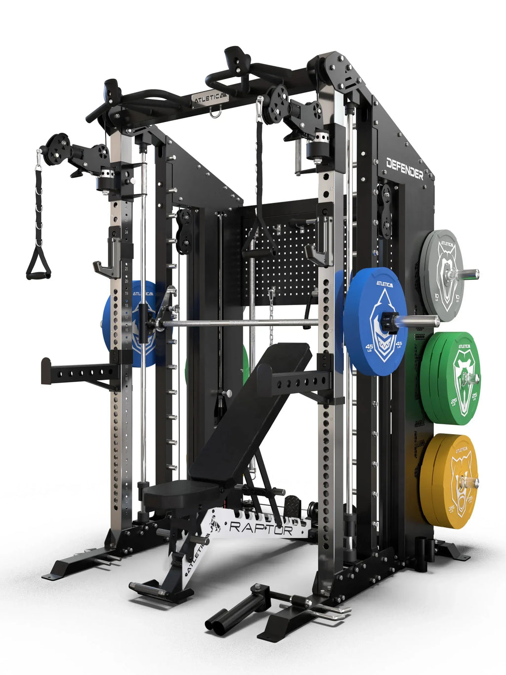 Atletica Defender Smith Machine with Raptor adjustable weight bench, pull-up bar and cable pulley