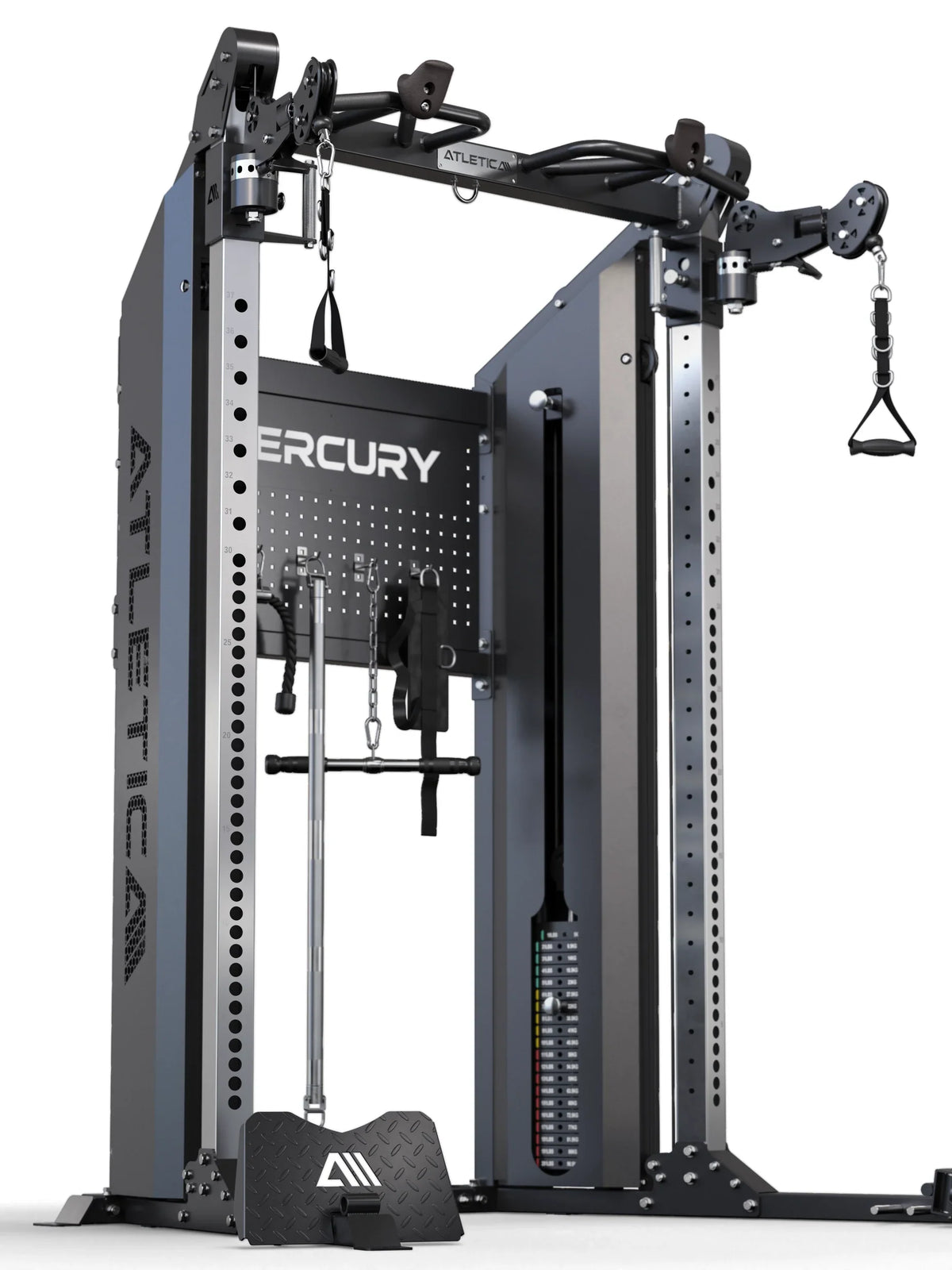 Atletica Mercury functional trainer with lat bar and pulley arms, angled rear view