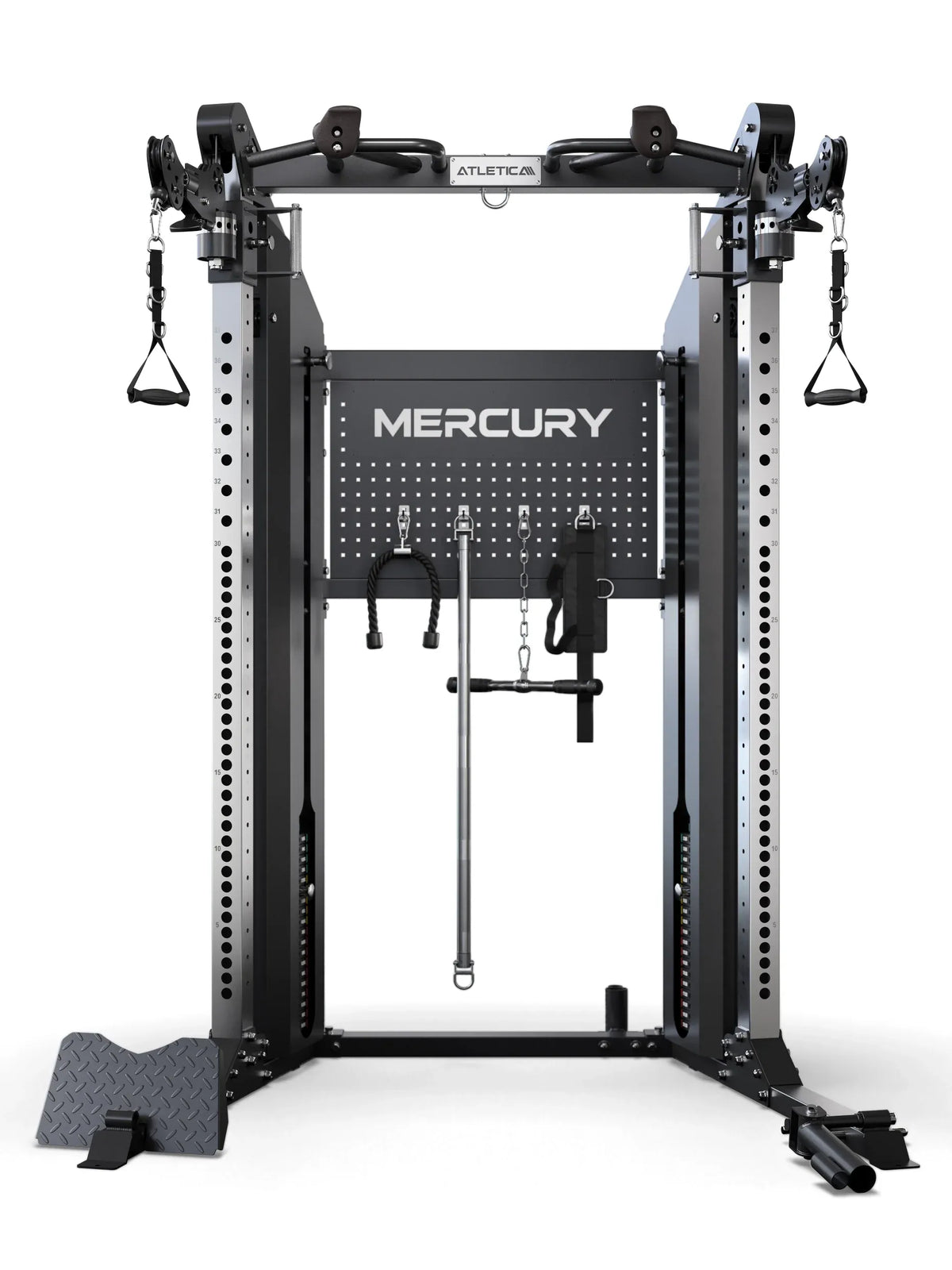 Mercury Functional Trainer with rotatable cable pulleys, Pull-Up Bar, plate rack and accessory hooks