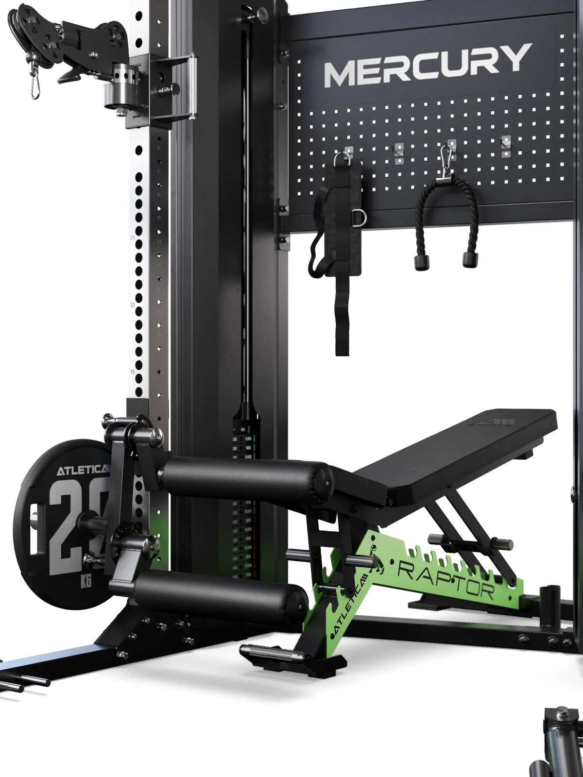 Atletica Mercury leg curl attachment with a plate loaded, next to a green Raptor bench, close-up