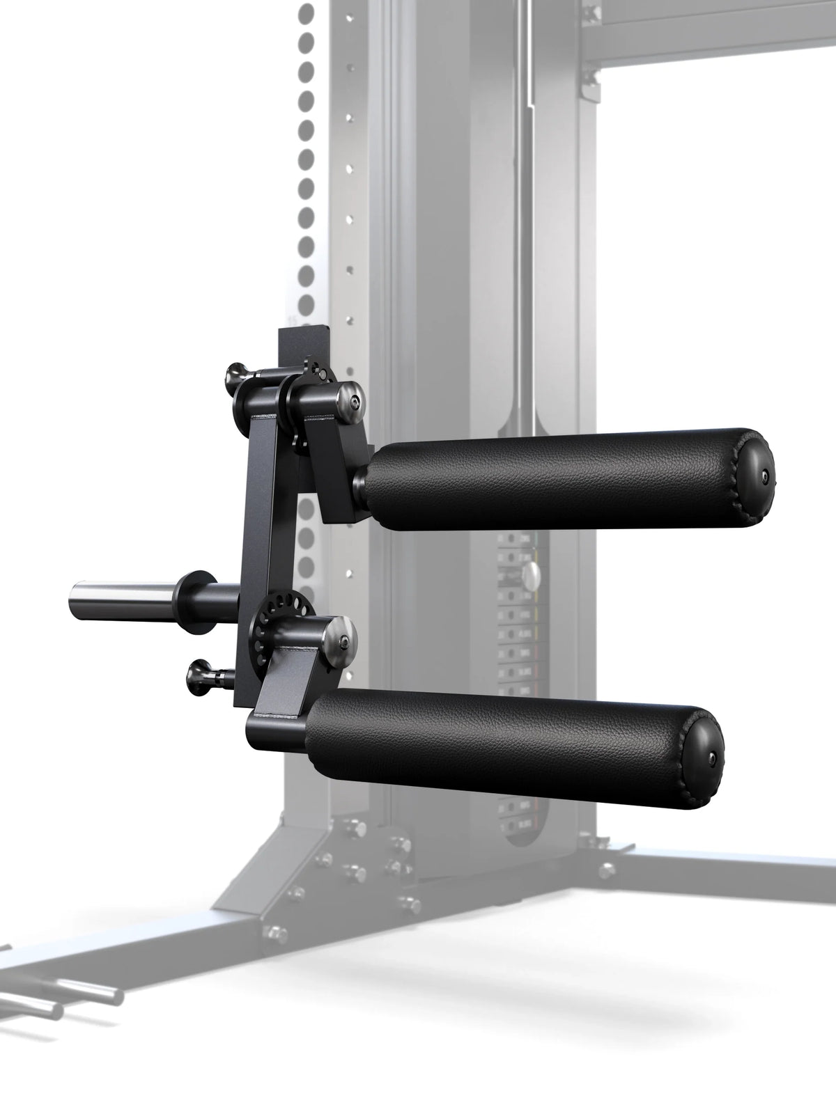 Atletica Mercury leg curl attachment with two foam rollers, shown on a faded functional trainer frame