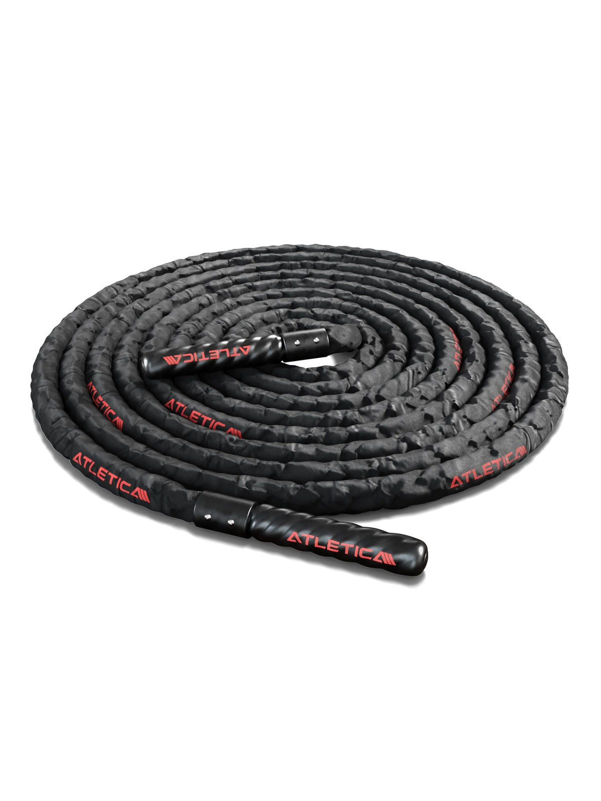 Battle Rope 50 ft from Atletica in spiral shape with textured rope material and red brand accents