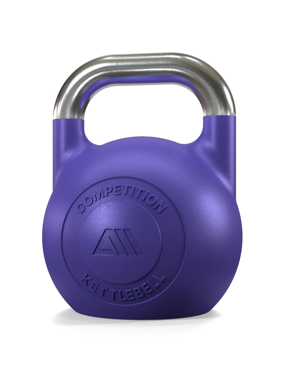 Atletica competition kettlebell 44 lb, purple with steel handle, front view with embossed logo