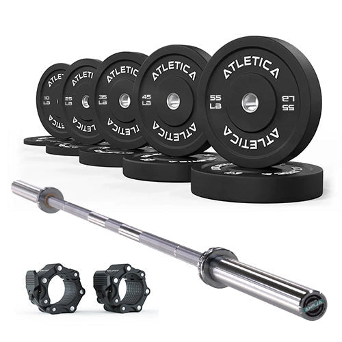 Atletica Alpha barbell set with black bumper plates 340 lb, barbell and Pro collars