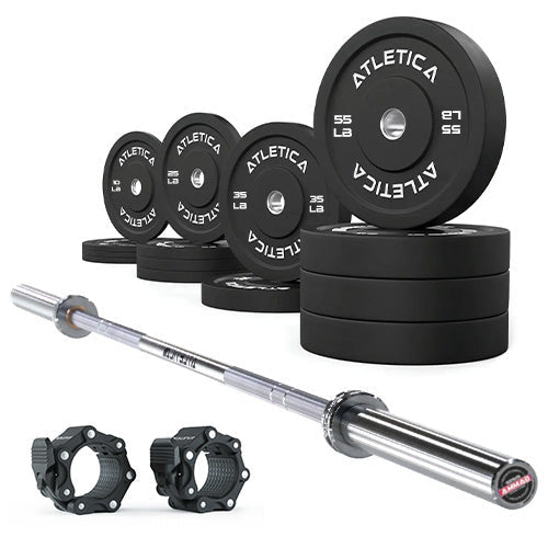 Atletica Gamma chrome barbell with black bumper plates 430 lb and Pro barbell collars