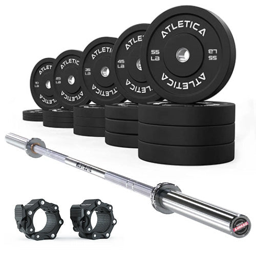 Atletica Gamma chrome barbell with black bumper plates 680 lb and Pro barbell collars