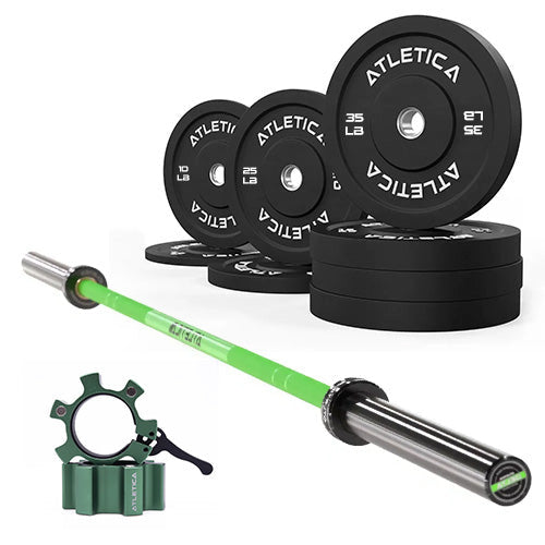 Atletica Delta Electric Green Barbell Set with 200 lb Bumper Plates and aluminum barbell collars