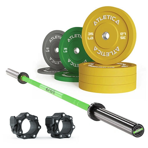Atletica Delta Electric Green barbell set: green bar, gray, green and yellow bumper plates 210 lb, pro collars