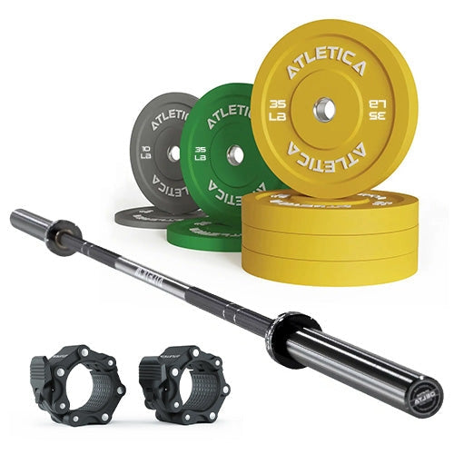 Atletica Delta barbell set, triple black bar with color bumper plates 210 lb and collars