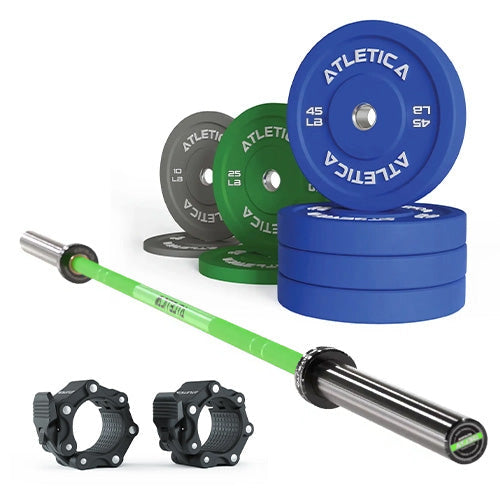 Atletica Delta barbell in electric green with color bumper plates 250 lb and Pro collars