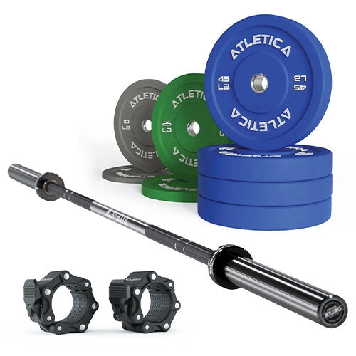 Atletica barbell set Delta triple black with 250 lb color bumper plates and pro collars