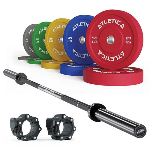 Atletica Delta triple black barbell set with color bumper plates 340 lb and Pro collars