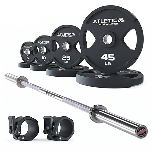 Atletica Yota Barbell with 2H Gripper Plates 170 lb Set Weight Plates and Rubber Barbell Collars
