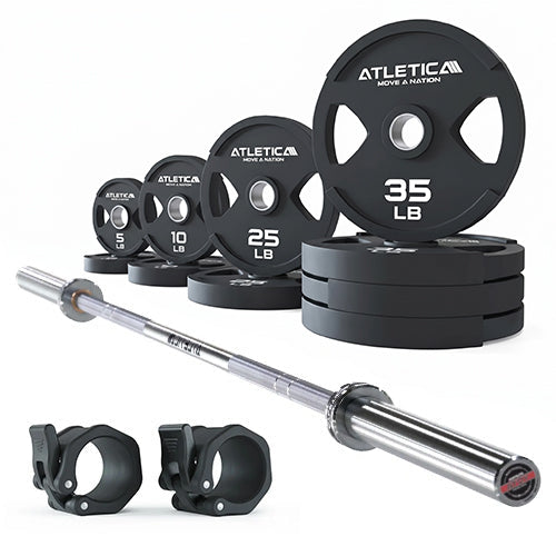 Atletica Yota Barbell with 220 lb 2H Gripper Plates Weight Plates 10-55 lb and Rubber Barbell Collars
