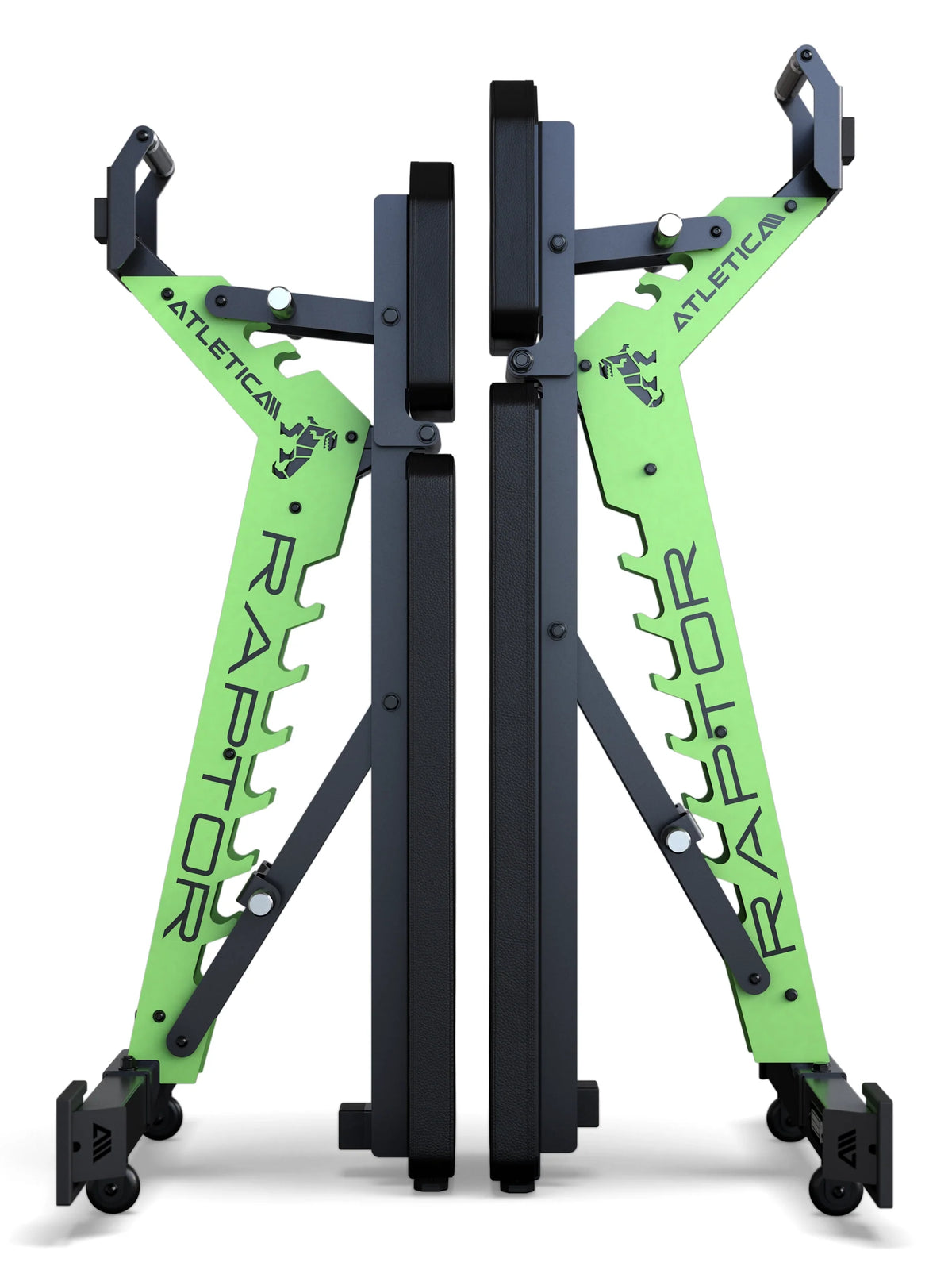 Two Atletica Raptor weight benches with green frames stored upright side by side