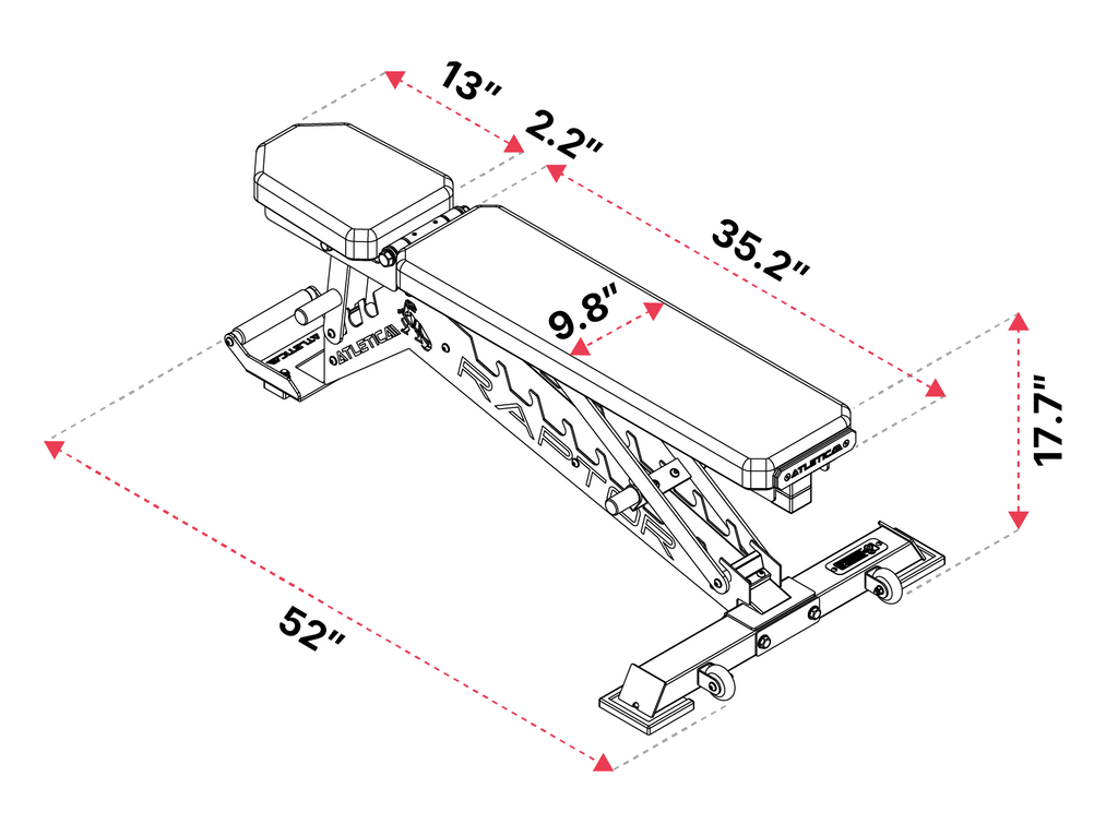 Adjustable Raptor Weight Bench from Atletica with high-quality black leather cover and black frame in side profile