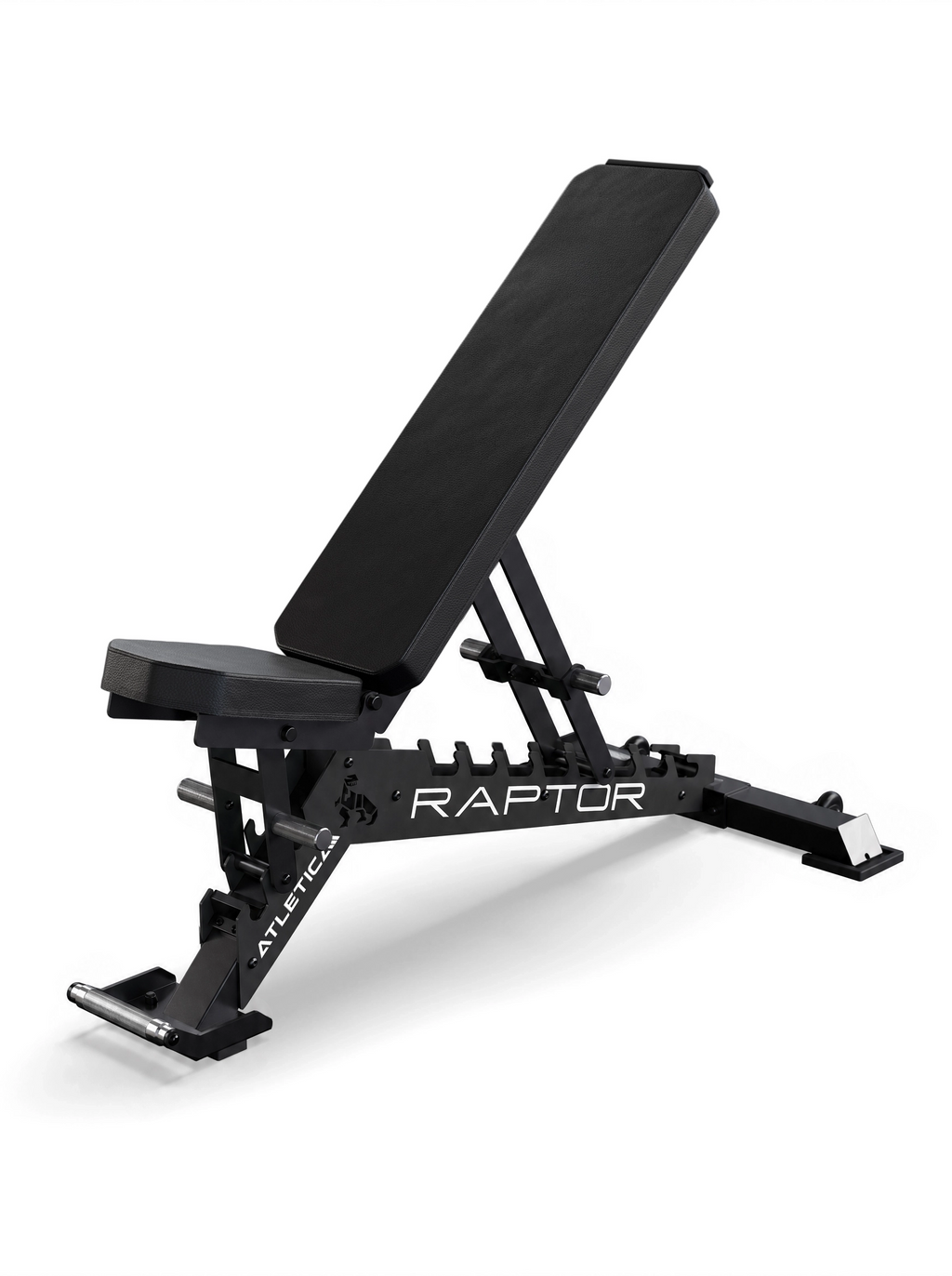 Compact Set Raptor Bench in black, three-quarter angle with the backrest raised to an incline position
