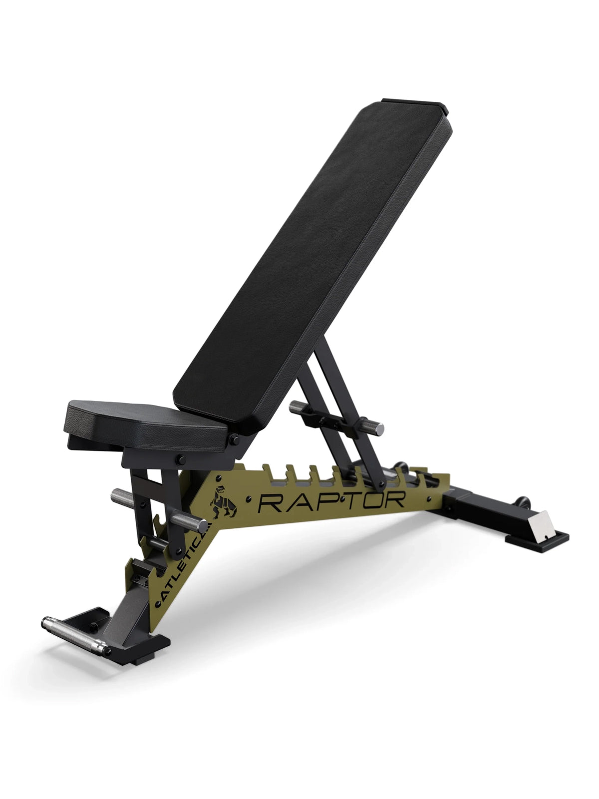 Atletica Raptor Weight Bench with Black Leather Padding and Toothed Plate in Military Green, Adjustable, for Strength Training