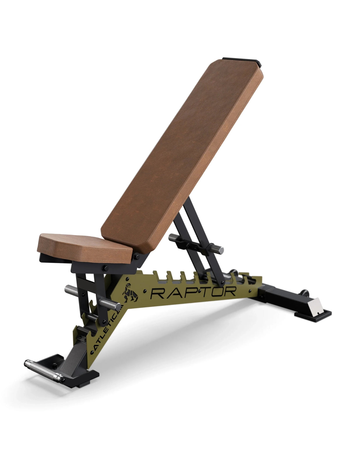 Atletica Weight Bench Raptor with brown leather padding and ratchet plate in Military Green, adjustable, for strength training