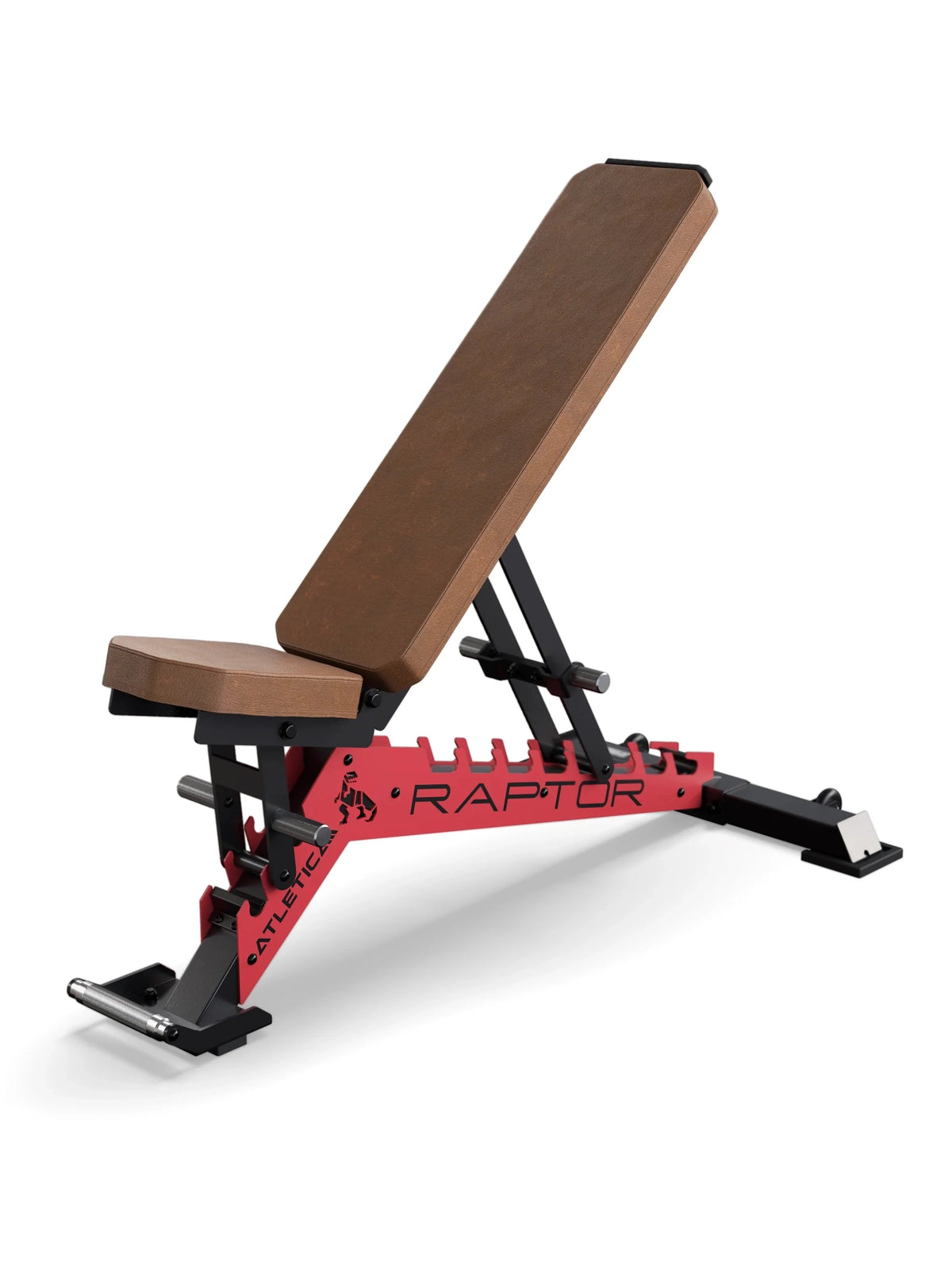 Atletica Raptor Weight Bench with brown leather padding and gear plate in Sportscar Red, adjustable, for strength training
