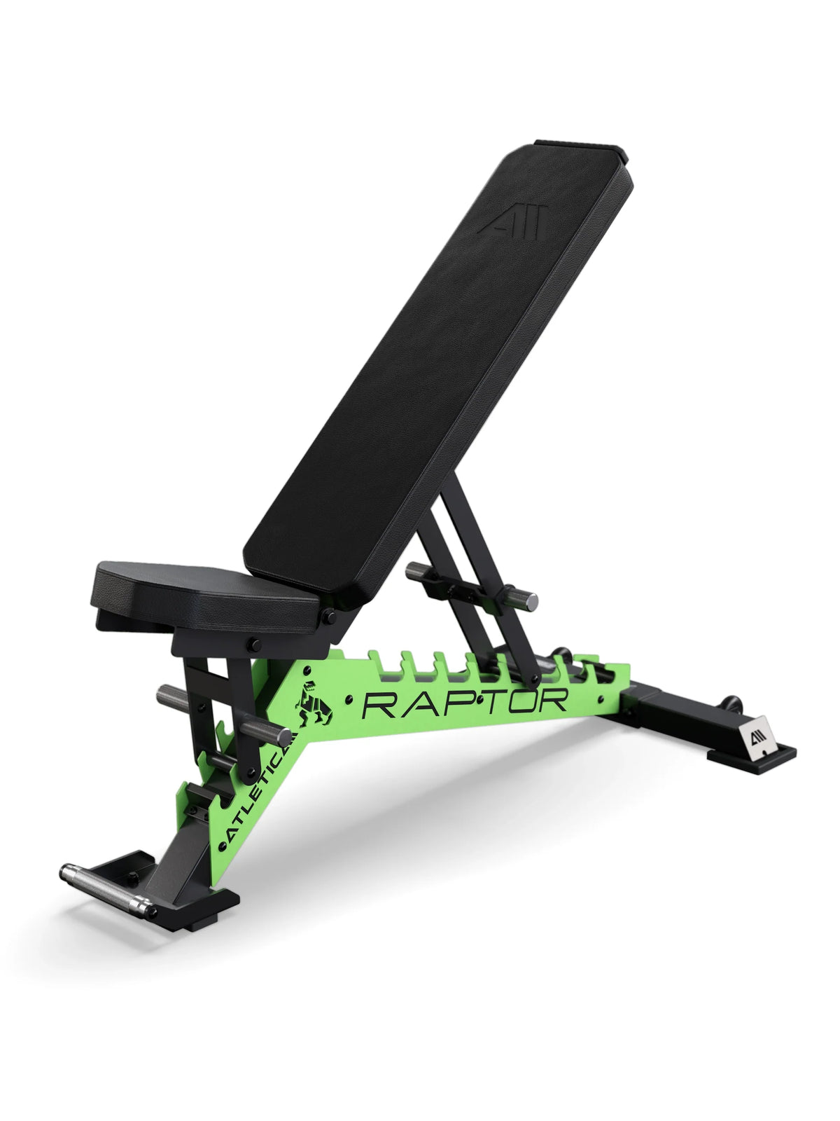 Atletica Raptor adjustable weight bench, electric green frame with black pad, angled view