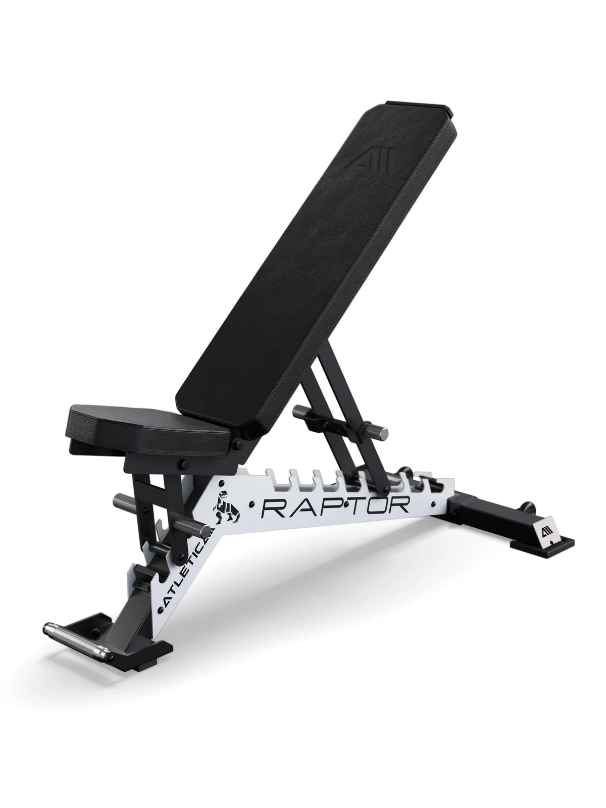 Atletica Raptor Max weight bench in white with black pad, front three-quarter view of the incline backrest
