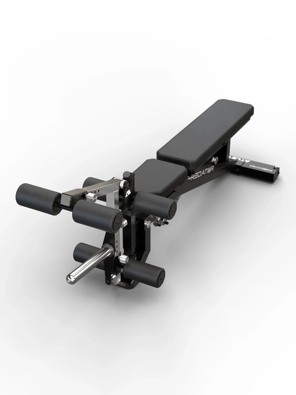 Atletica Predator modular weight bench with PU pad and EVO Leg Option mounted for leg extension and leg curl