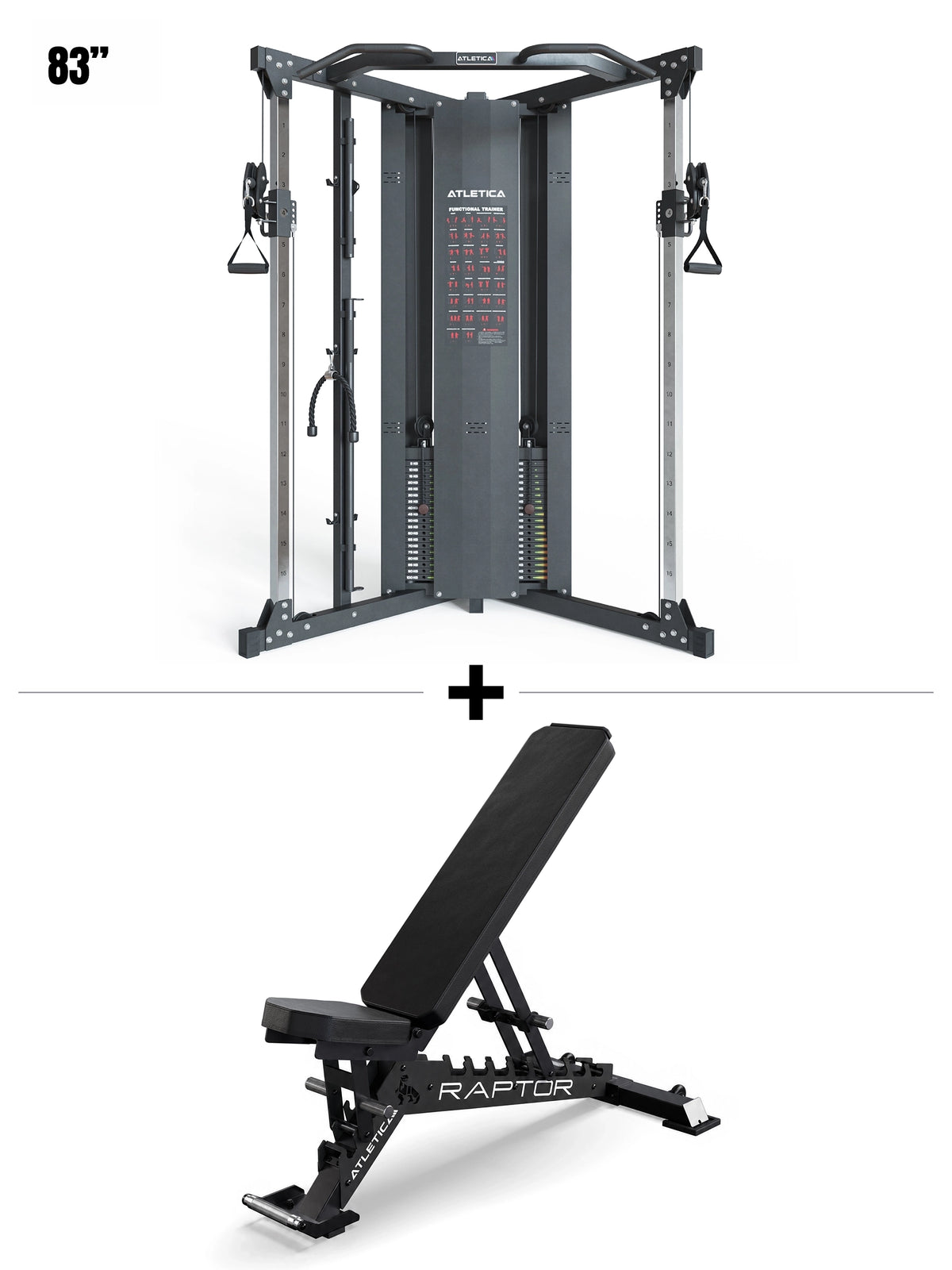 Range Set with X-Five High Functional Trainer, 83 inches tall with dual cable stacks, plus Raptor Bench