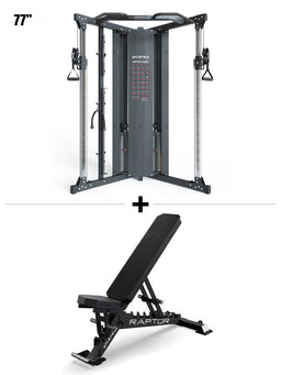Compact Set with X-Five Low Functional Trainer, 77 inches tall with dual cable columns, plus Raptor Bench