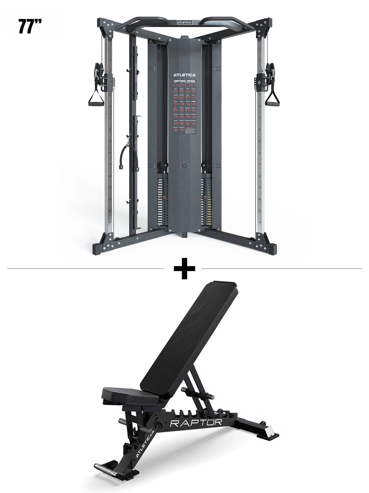 Compact Set with X-Five Low Functional Trainer, 77 inches tall with dual cable columns, plus Raptor Bench