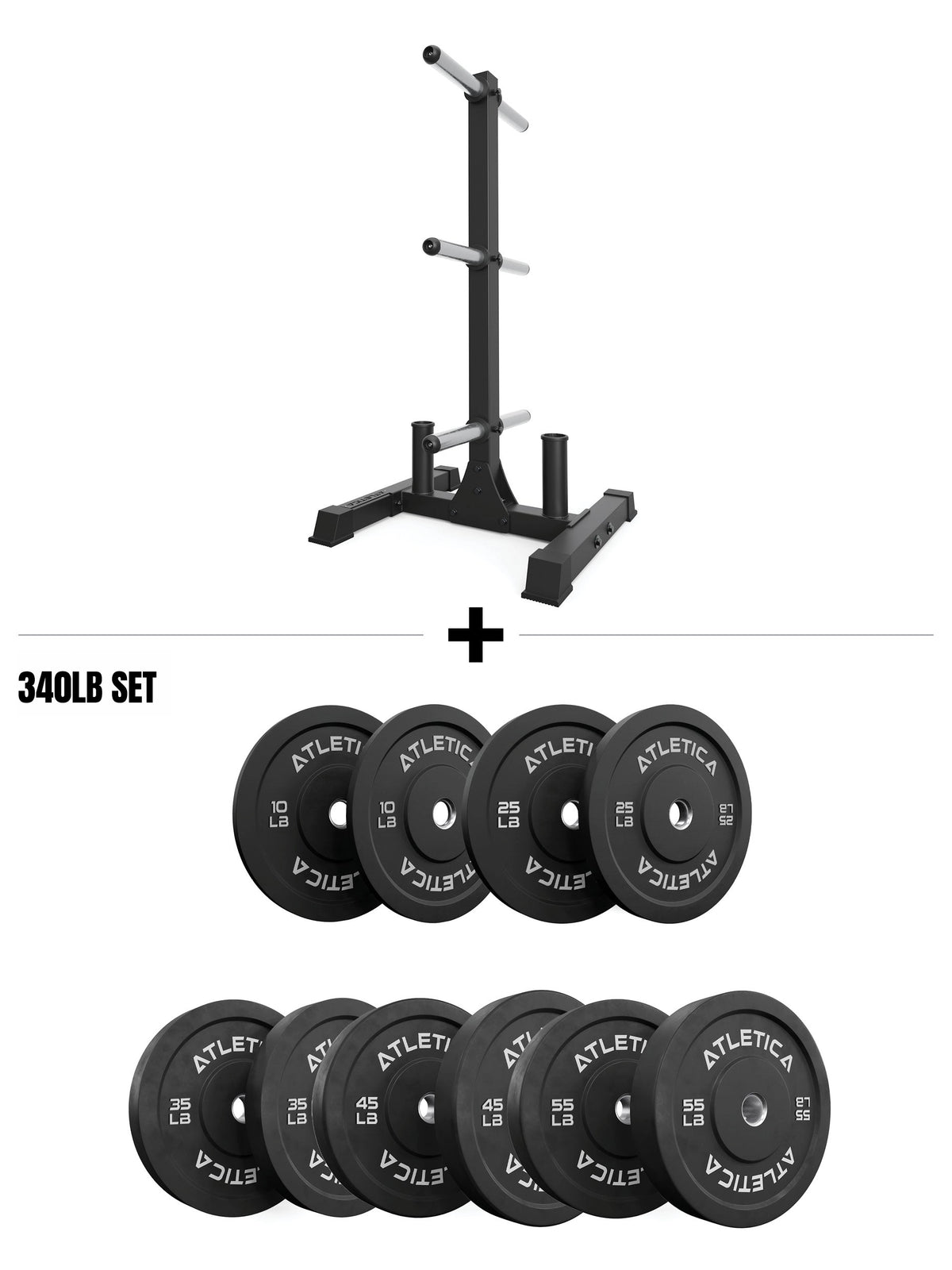 Atletica Rhino Set - weight plate rack with three holders, ten black Bumper Plates