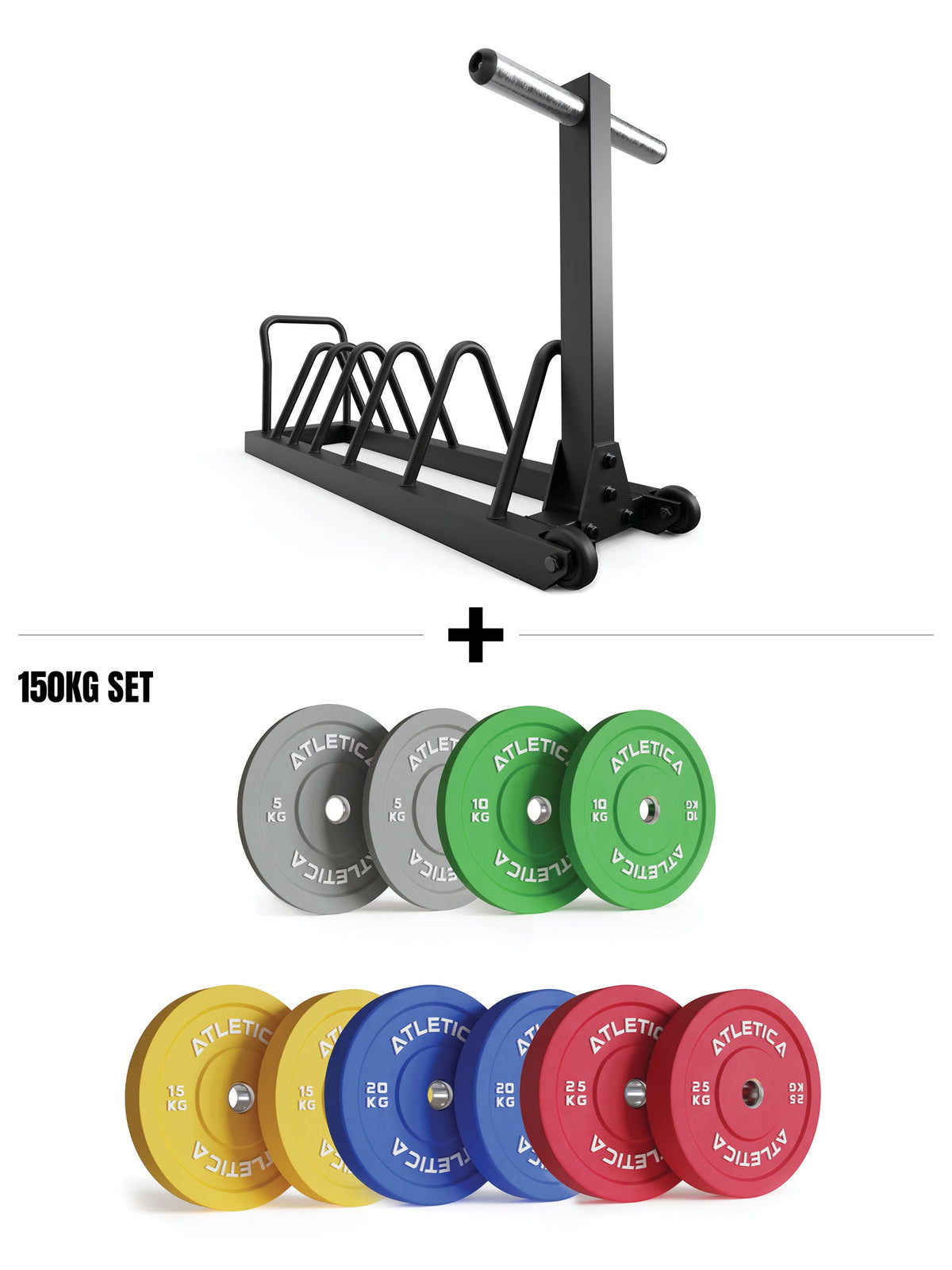 Atletica Tusker Vibe Set - weight plate rack with wheels, 330 lb Color Bumper Plates in gray, green, yellow, blue