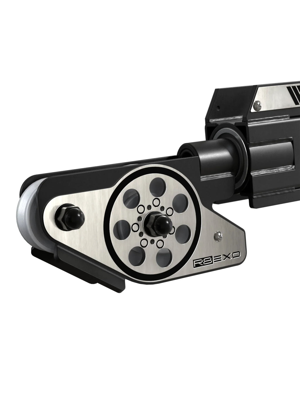 ATLETICA EXO Arms – close-up 360° cable outlet with stainless steel adjustment plate, R8 EXO logo