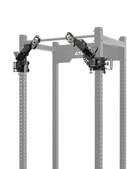ATLETICA EXO Arms Pair – both arms on the R8 Power Rack, horizontal angle adjustment visible