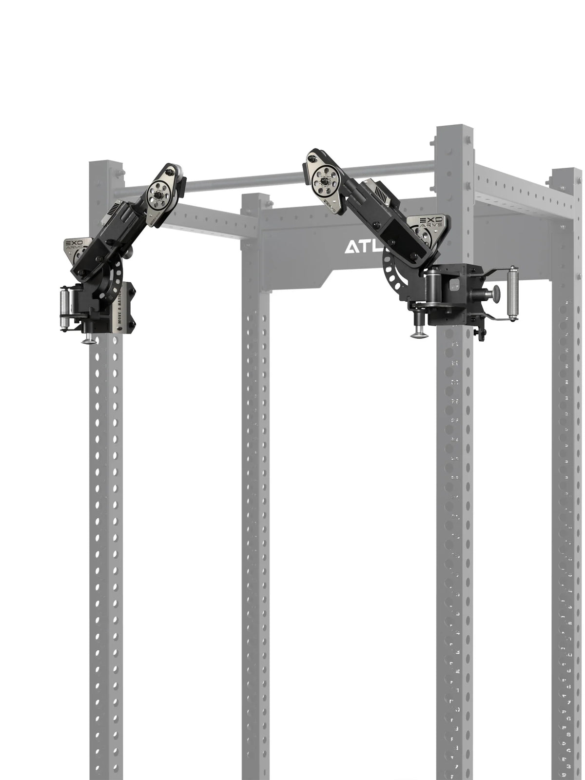 ATLETICA EXO Arms Pair – both arms on the R8 Power Rack, horizontal angle adjustment visible