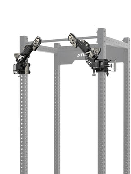 ATLETICA EXO Arms Pair – both arms on the R8 Power Rack, horizontal angle adjustment visible