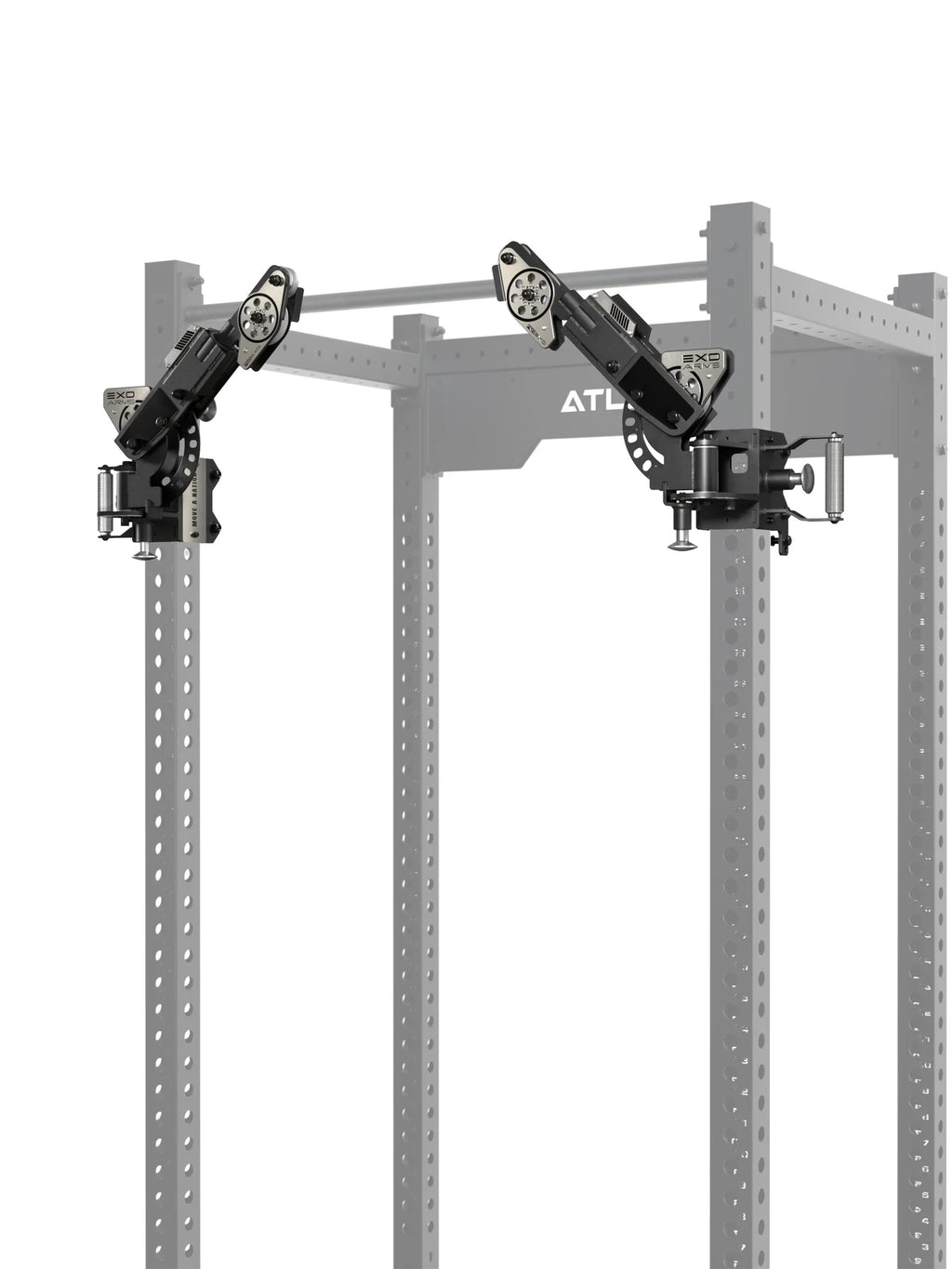 ATLETICA EXO Arms Pair – both arms on the R8 Power Rack, horizontal angle adjustment visible