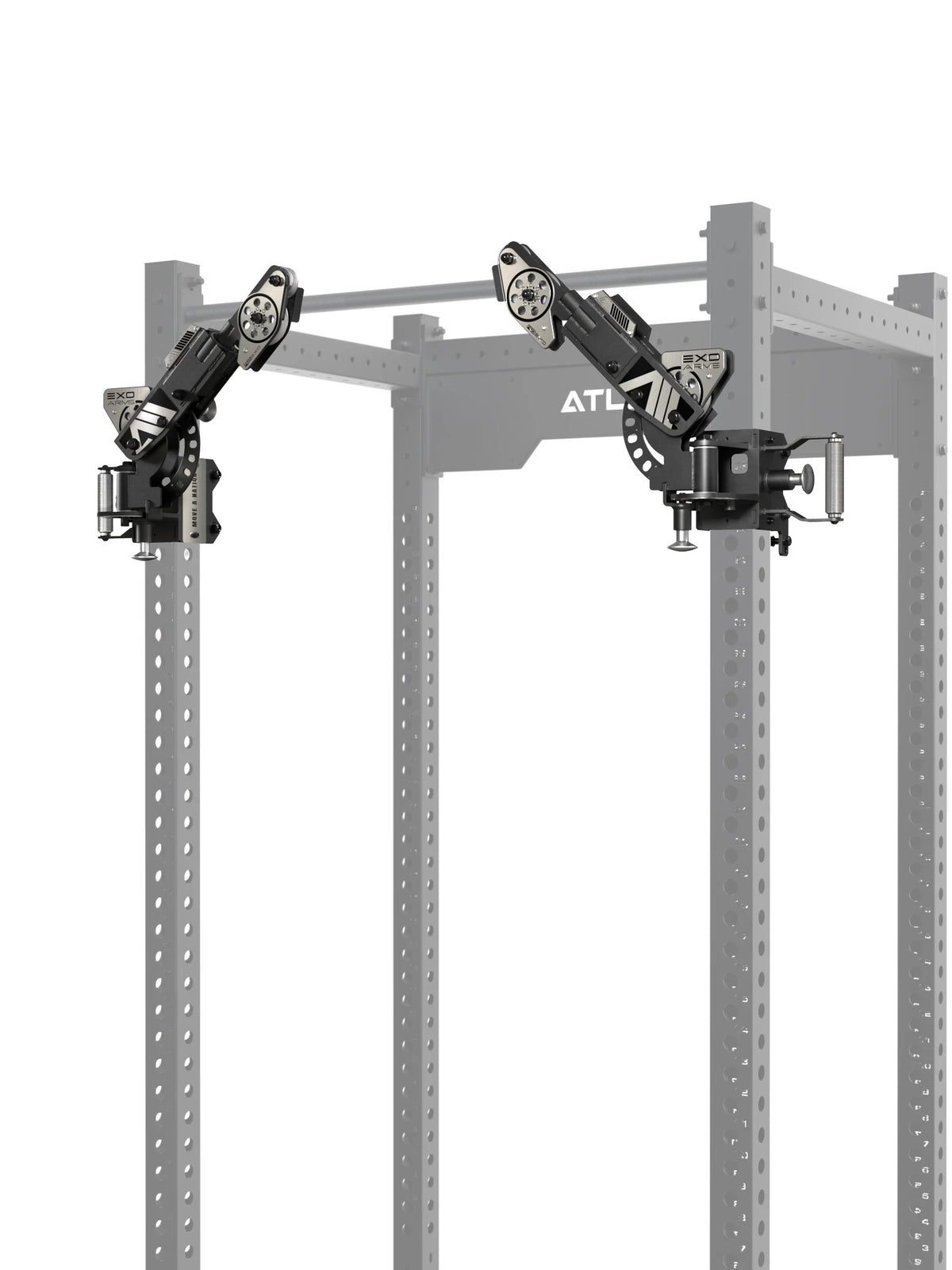 ATLETICA EXO Arms Pair – both arms on the R8 Power Rack, horizontal angle adjustment visible