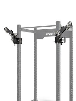 ATLETICA EXO Arms Pair on the R8 Rack – arms turned inward, 49 angle combinations for cable crossover