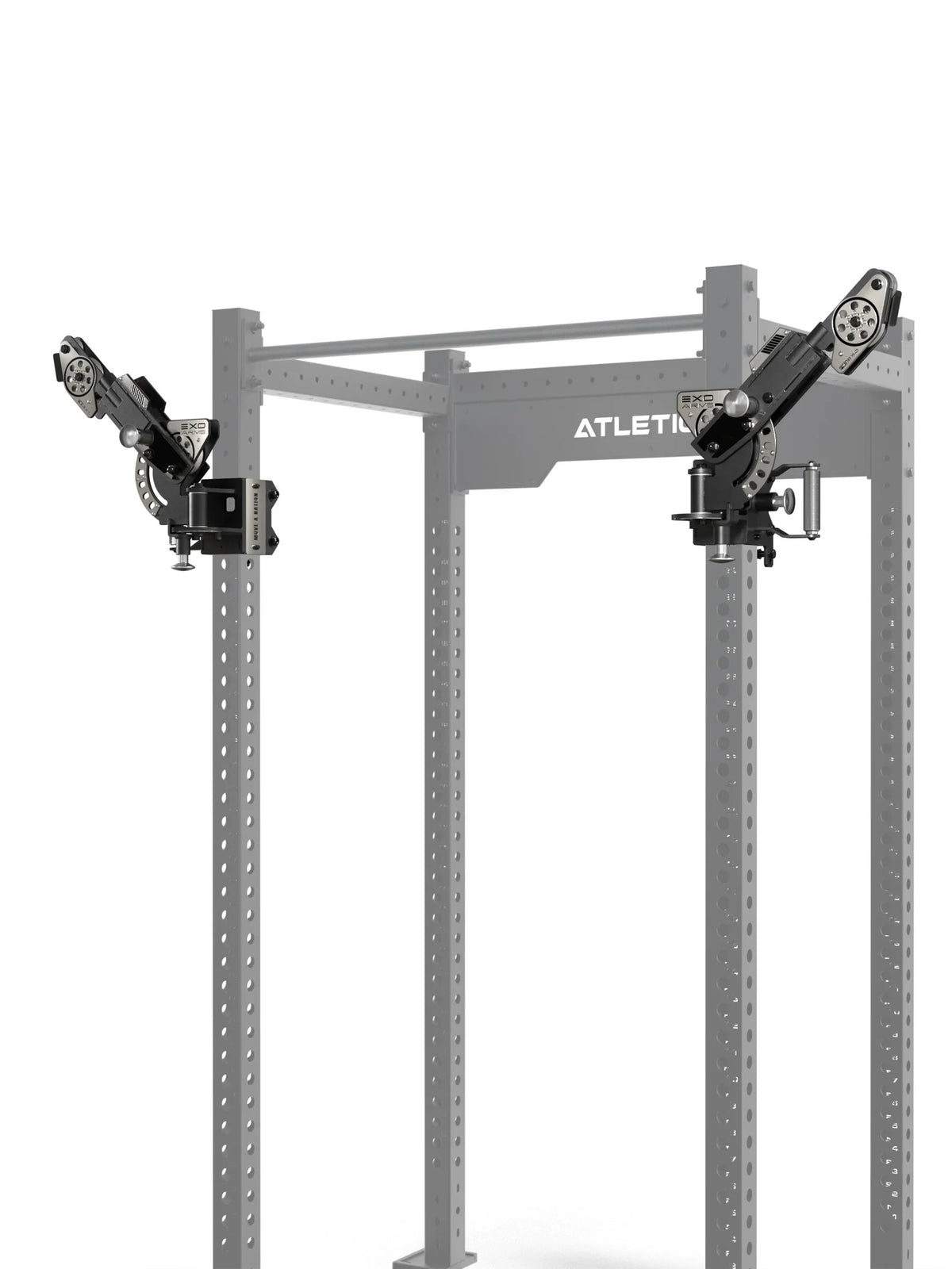 ATLETICA EXO Arms Pair on the R8 Rack – arms turned inward, 49 angle combinations for cable crossover
