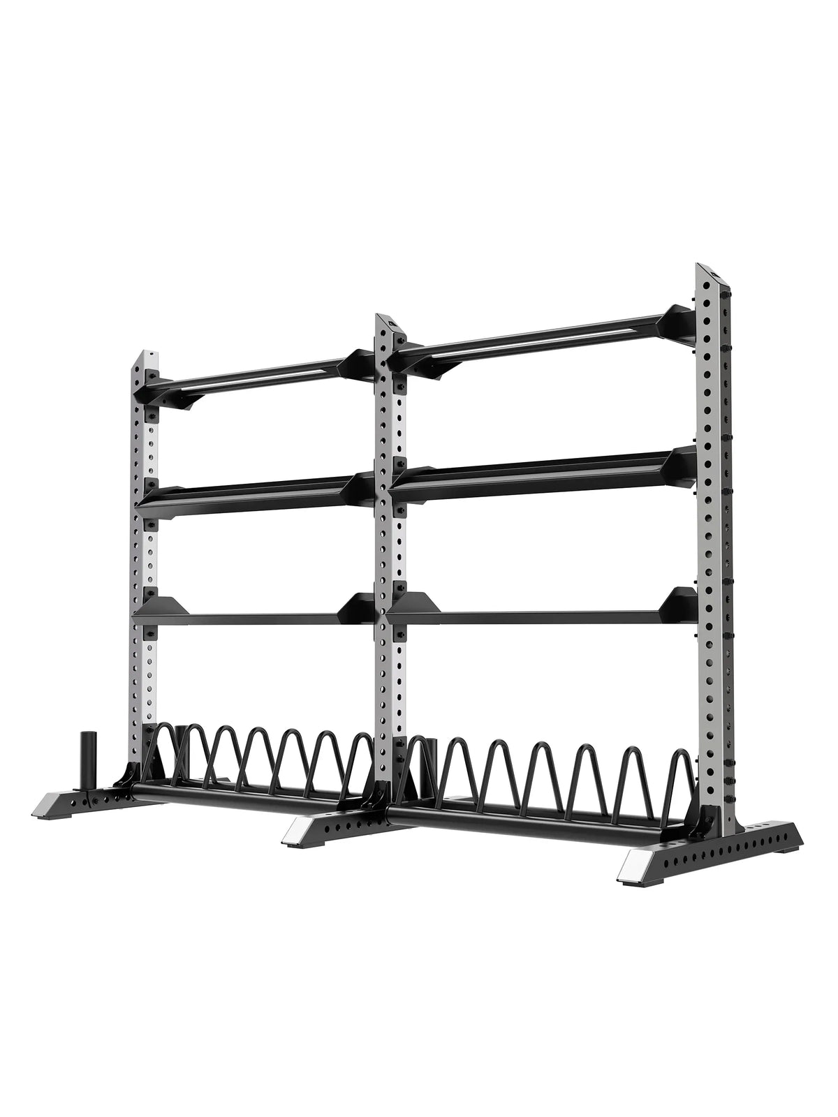 Atletica Stinger double storage rack, empty, with shelves and plate holders, angled view
