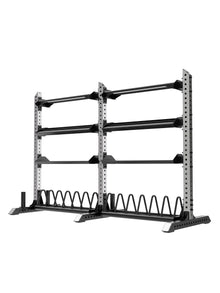 Atletica Stinger double storage rack, empty, with shelves and plate holders, angled view