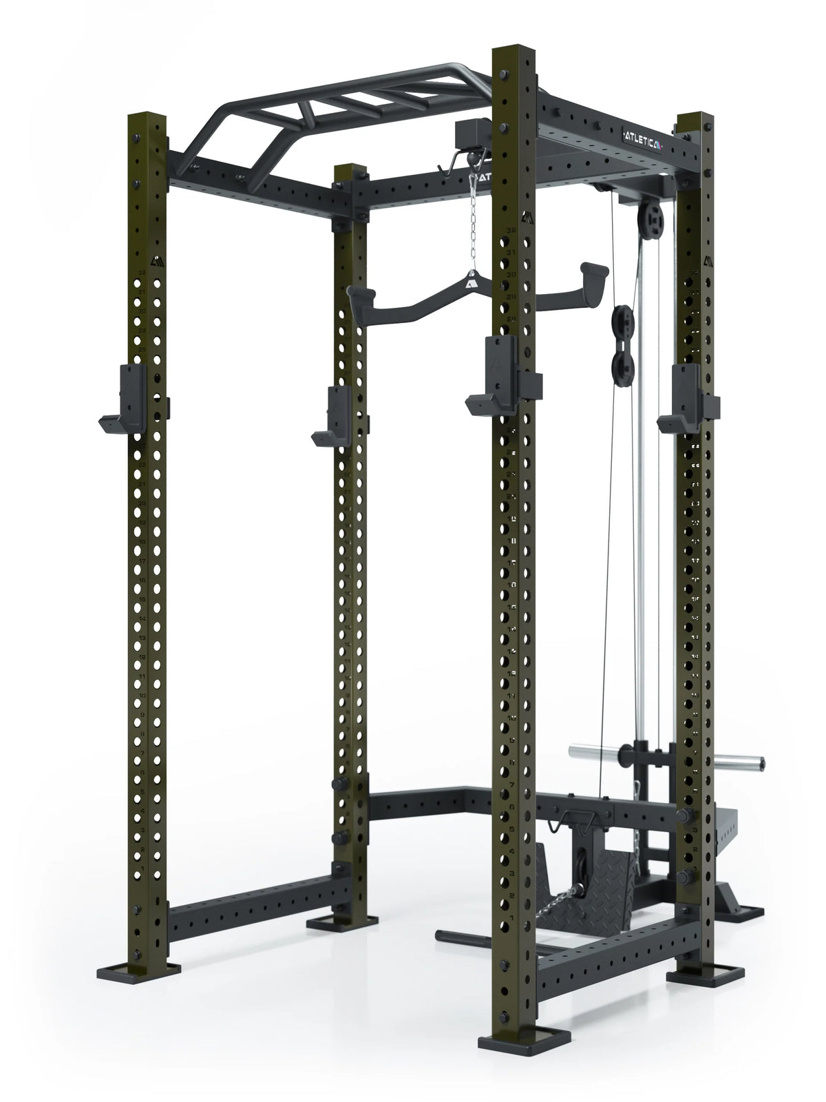 R8 BlackHawk Power Rack with pull-up bar, lat pulldown station, barbell racks, in Military Green