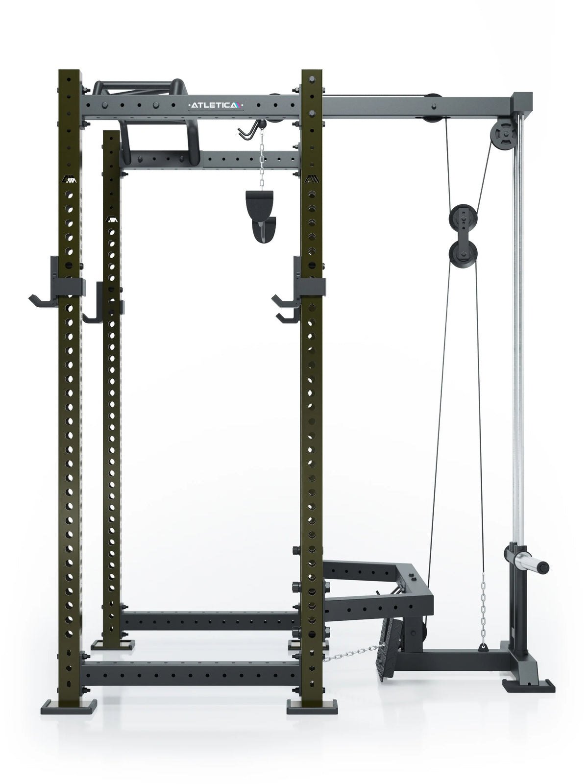 R8 BlackHawk Power Rack with pull-up bar, lat pulldown station, barbell racks, in Military Green