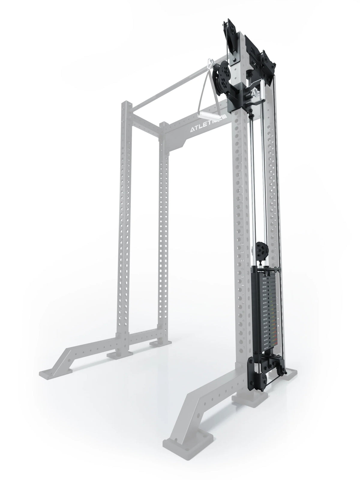 R8 Bradley - cable pulley attachment on Power Rack, 210 lb weight stack on left, pulleys